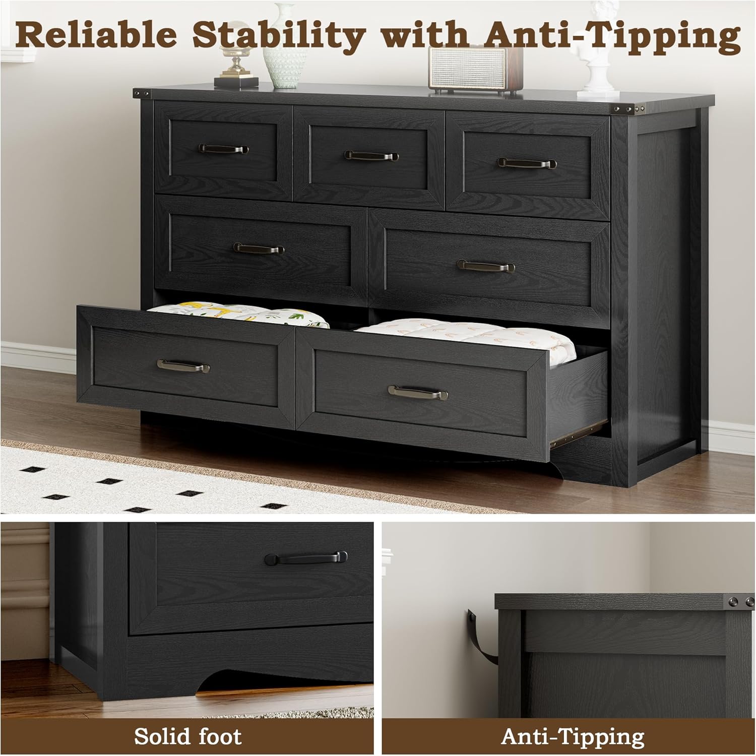 7-Drawer Dresser for Bedroom, Modern Wooden Chest of Drawers with Metal Handles, Anti-Tipping Design, Sturdy and Stable Storage Organizer for Living Room, Entryway, Home Office - Image 6