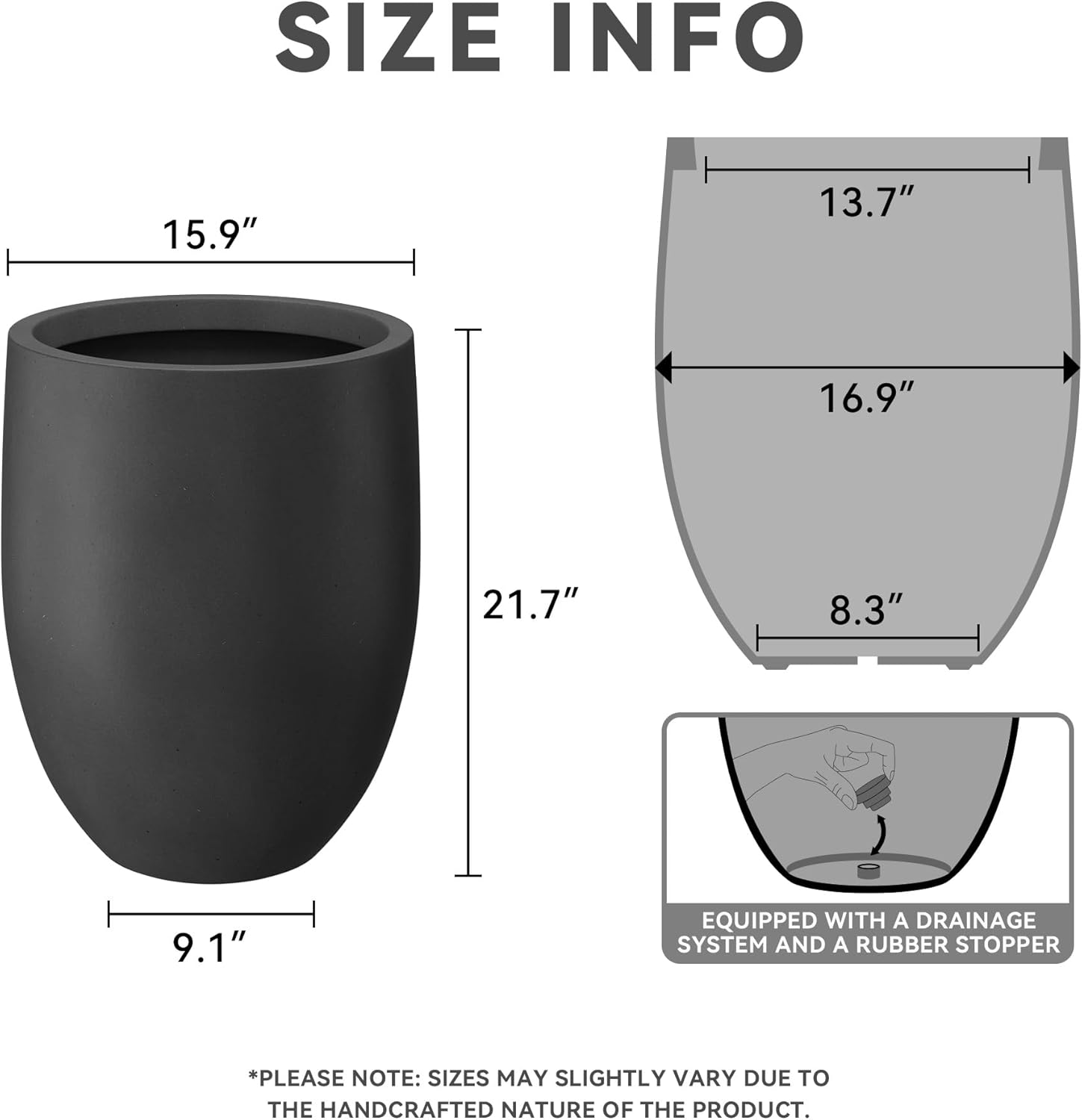 Kante 21.7" H Natural Concrete Tall Planter, Large Outdoor Indoor Decorative Pot with Drainage Hole and Rubber Plug, Modern Round Taper Style for Home and Patio Burnished Black - Image 2