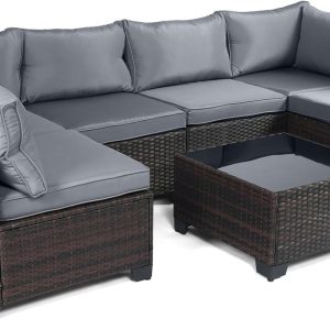 LEVELEVE 7 Pieces Outdoor Patio Furniture Sets,Rattan Conversation Sectional Set,Manual Weaving Wicker Patio Sofa with Tea Table