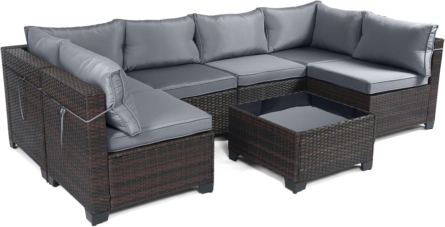 LEVELEVE 7 Pieces Outdoor Patio Furniture Sets,Rattan Conversation Sectional Set,Manual Weaving Wicker Patio Sofa with Tea Table