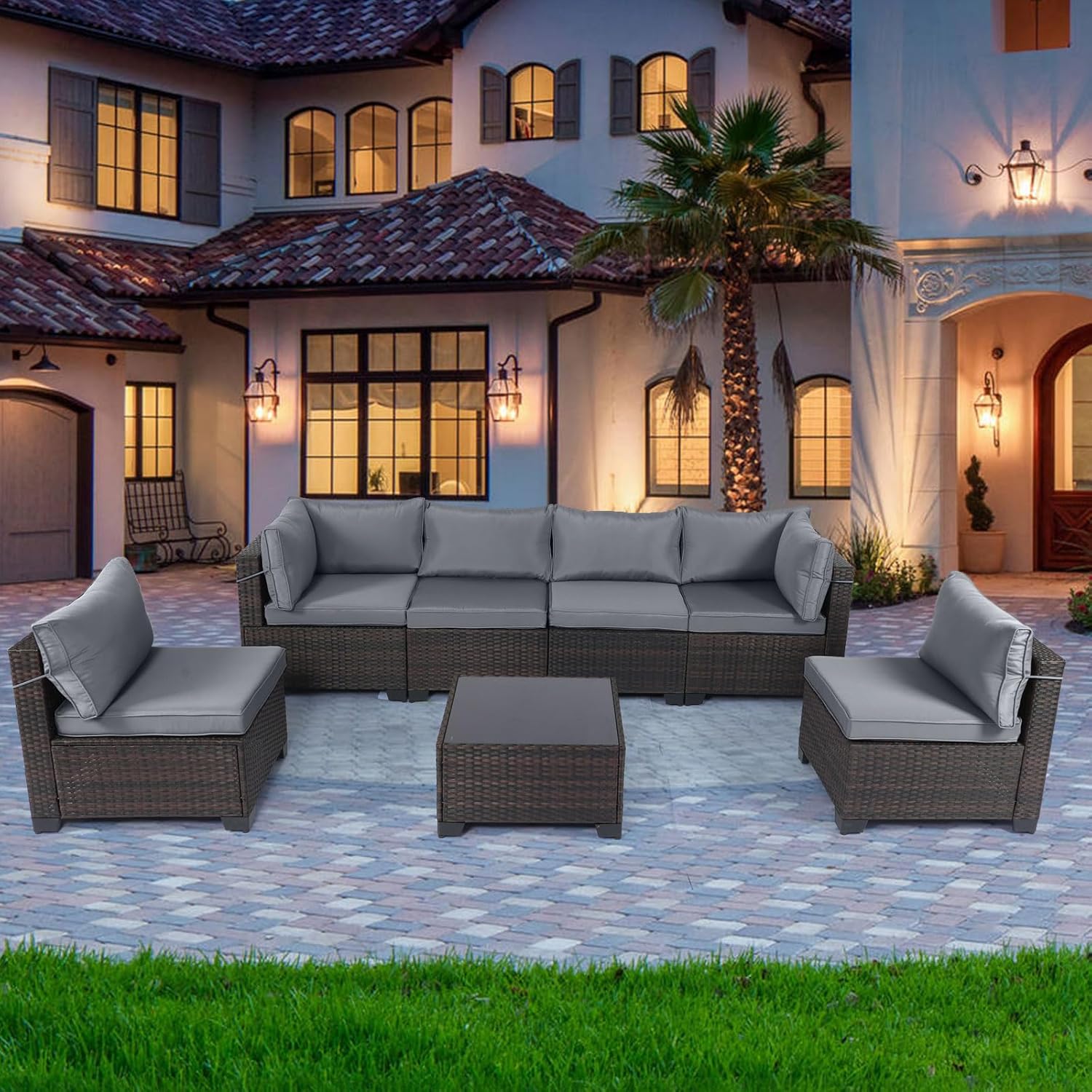 LEVELEVE 7 Pieces Outdoor Patio Furniture Sets,Rattan Conversation Sectional Set,Manual Weaving Wicker Patio Sofa with Tea Table - Image 2