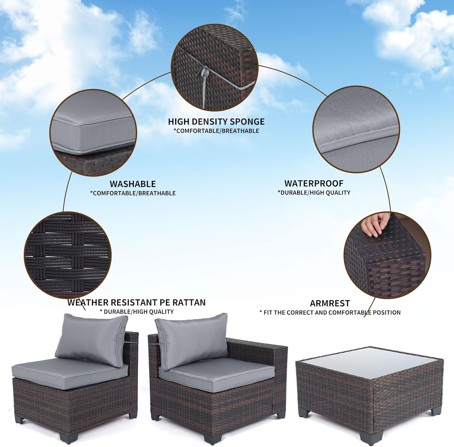 LEVELEVE 7 Pieces Outdoor Patio Furniture Sets,Rattan Conversation Sectional Set,Manual Weaving Wicker Patio Sofa with Tea Table - Image 4