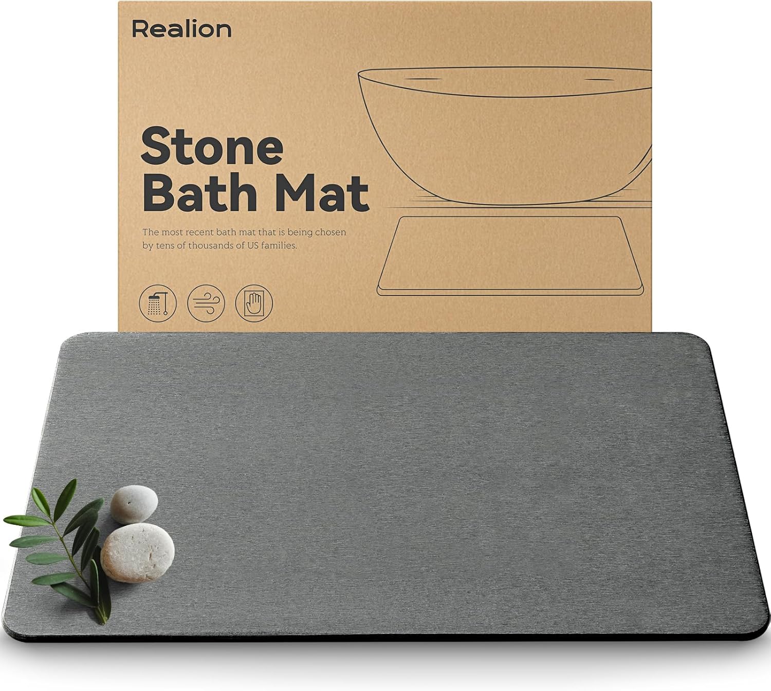 Stone Bath Mat, Dries Quickly, Non-Slip Diatomaceous Earth Stone Bath Mats for Bathroom, Super Absorbent Stone Shower Mat, Easy to Clean, 23.5" x 15.5" Dark Gray