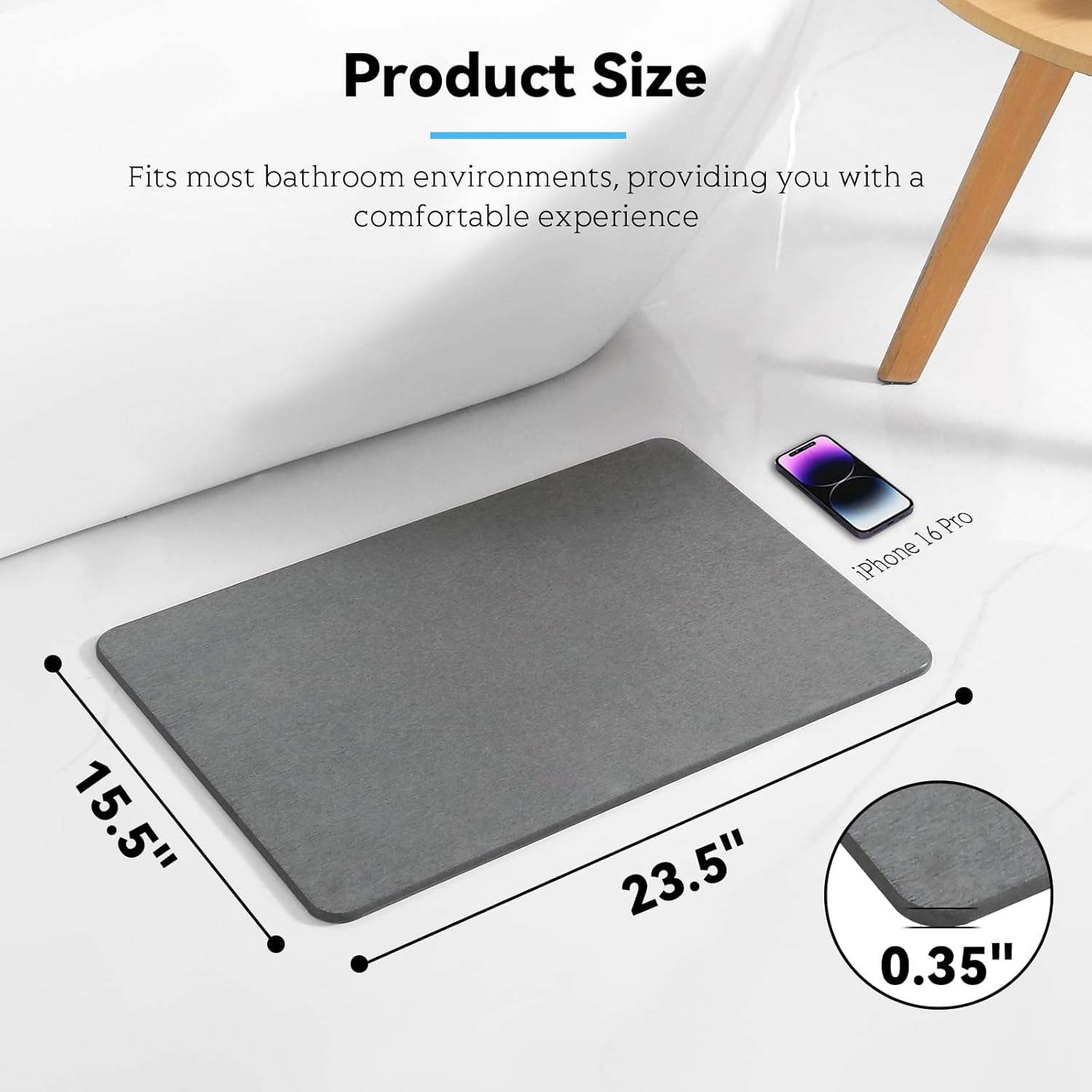 Stone Bath Mat, Dries Quickly, Non-Slip Diatomaceous Earth Stone Bath Mats for Bathroom, Super Absorbent Stone Shower Mat, Easy to Clean, 23.5" x 15.5" Dark Gray - Image 2