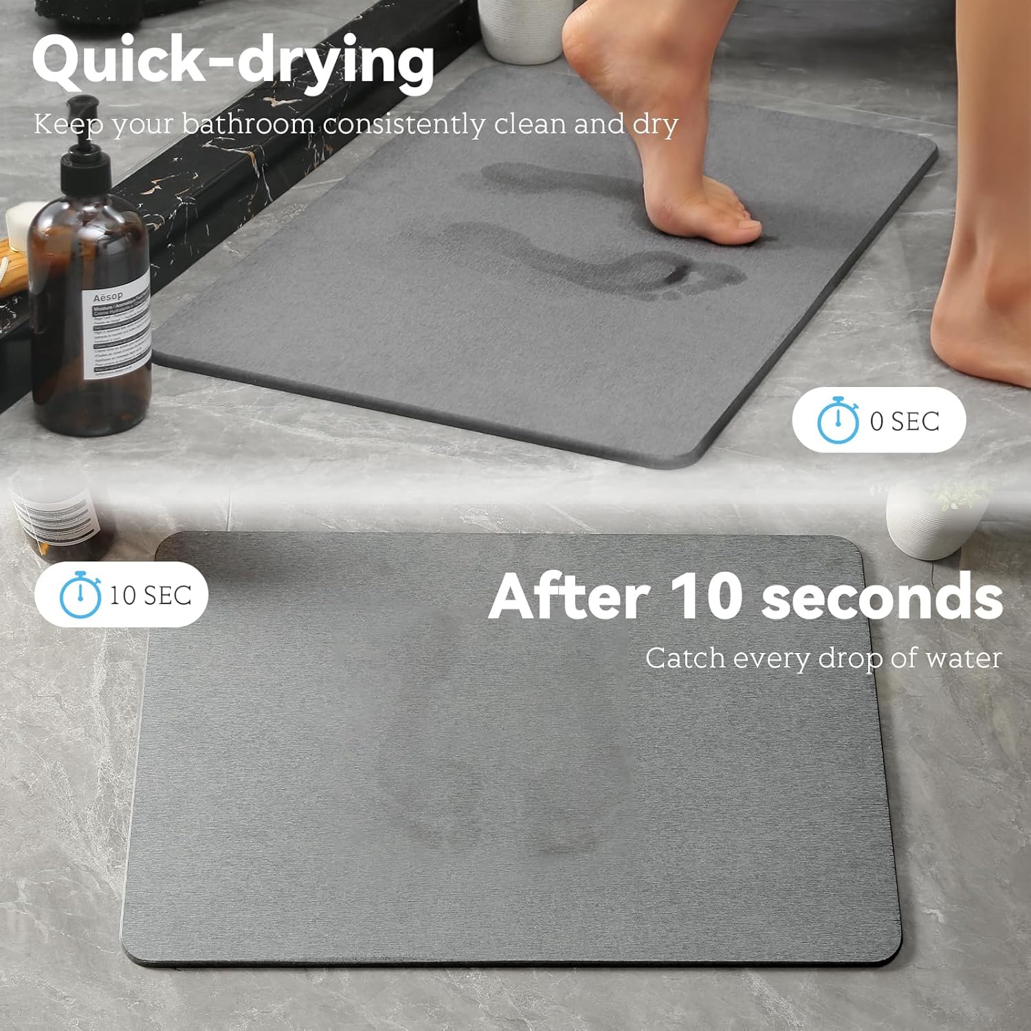 Stone Bath Mat, Dries Quickly, Non-Slip Diatomaceous Earth Stone Bath Mats for Bathroom, Super Absorbent Stone Shower Mat, Easy to Clean, 23.5" x 15.5" Dark Gray - Image 3