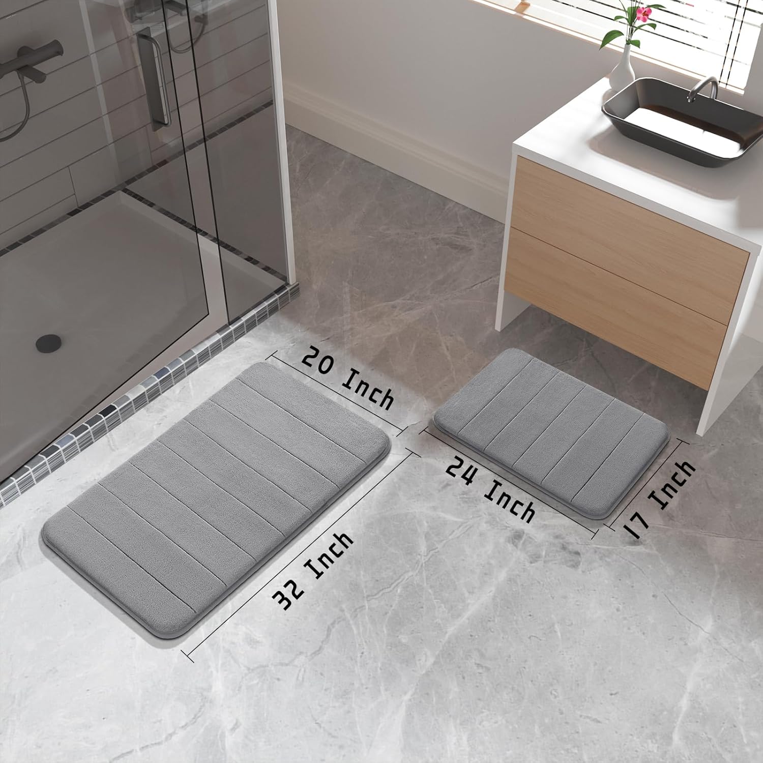 Yimobra Bathroom Rugs Sets 2 Piece, Soft Absorbent Memory Foam Bath Mats Set, Dry Fast Bath Mat, Machine Washable Bath Rug Set for Bathroom, 17x24+31.5x19.8 Inches, Gray - Image 2